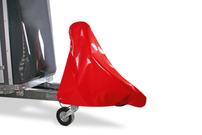 Cover hood for overrun device with standard jockey wheel